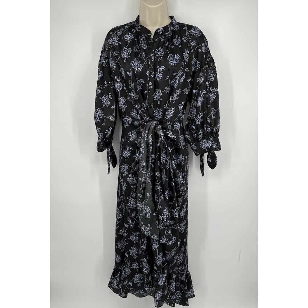 Cinq a Sept Halette Wrap Midi Dress Black Blue Floral Print Size 8